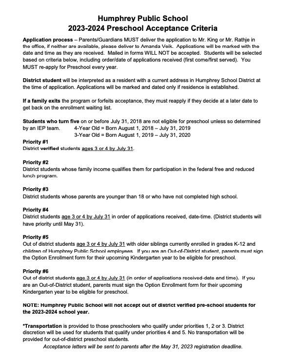 Humphrey Public Schools Preschool